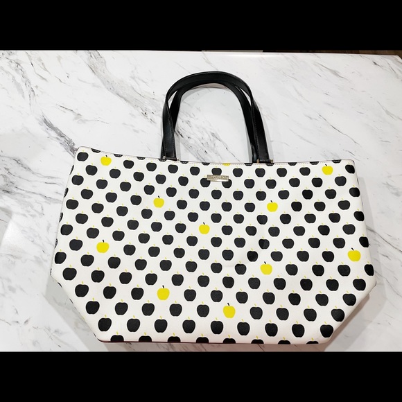 Black and Yellow Polka Dot and Apple Kate Spade Tote Large Purse - Picture 2 of 16